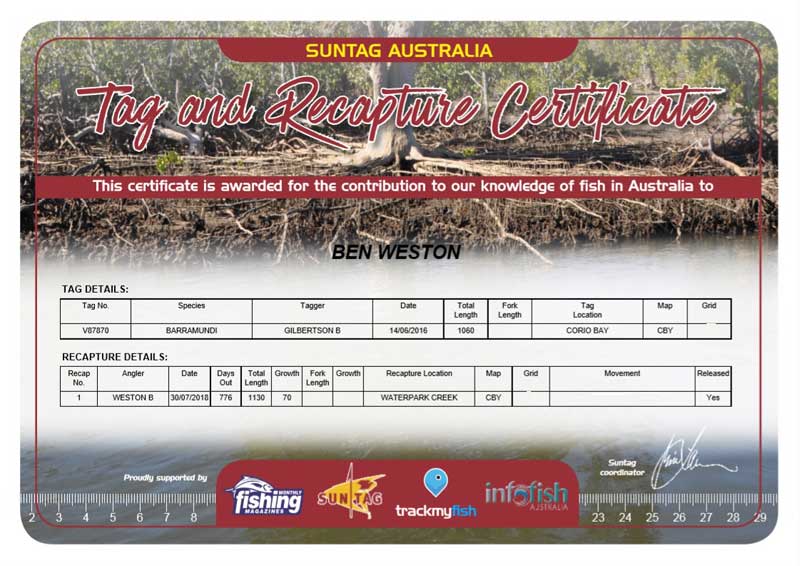 Recieve a SUNTAG recapture certificate when you tag and release fish